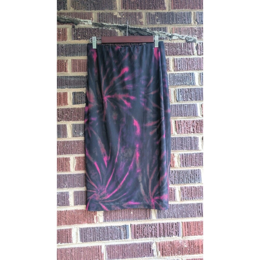 AFRM Mesh Midi Bodycon Skirt -Black Pink Tie Dye- Sheer w/Lining - Size S